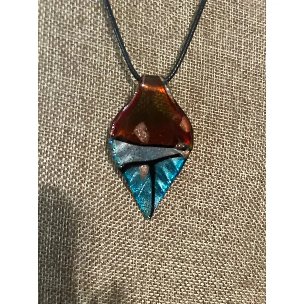 Art Glass Teardrop Pendant Necklace Blue Amber Swirl Black Cord Unisex